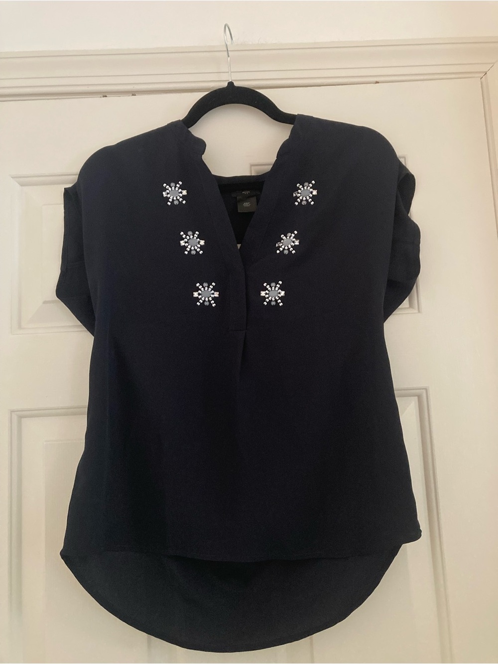 Ann Taylor Navy Embellished Split-Neck Blouse